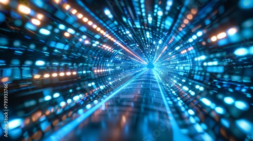 A vivid portrayal of a digital data tunnel in motion, with streaks of blue light symbolizing speed and connectivity.