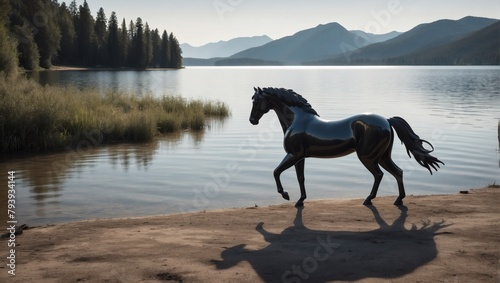 Shadowy Horse Figure on the Shoreline of a Lake