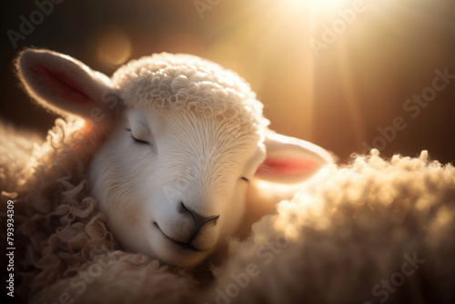 Portrait of a small cute wooly white newborn lamb sleeping in a warm light. Generative AI