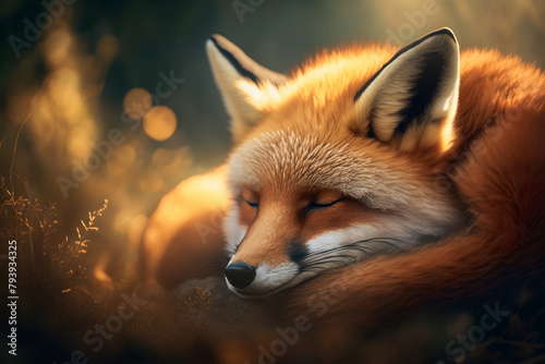 A fox sleeps on grass in a warm light. Evening light. Generative AI