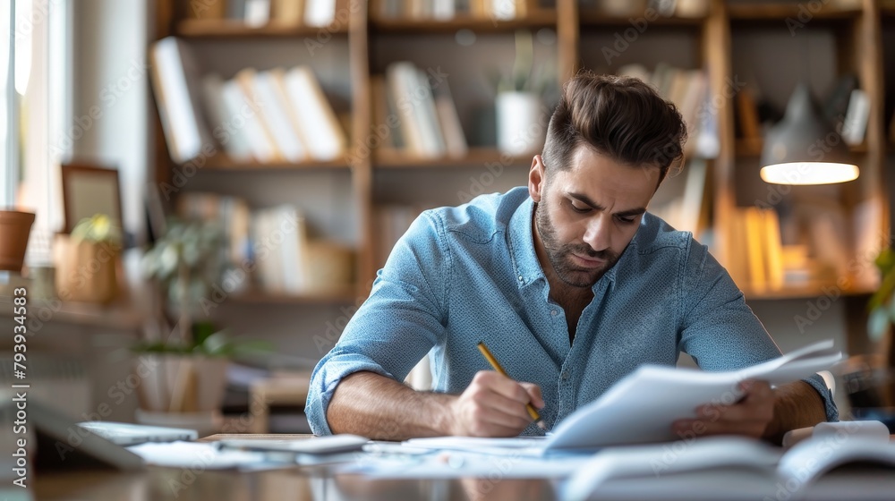 A man intently reviews documents at his desk in a cozy, well-lit home office, surrounded by bookshelves. A man intently reviews documents at his desk in a cozy, well-lit home office, surrounded by bookshelves.