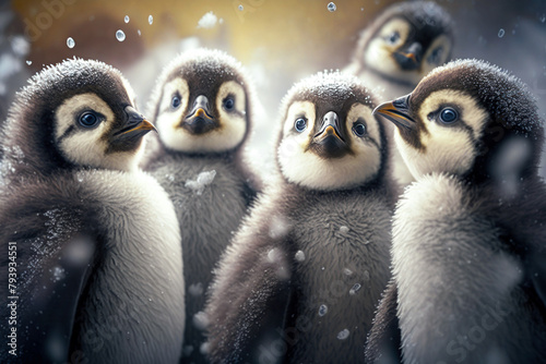 Group of penguin chicks in snow. Portrait of a cute penguin chicks. Generative AI