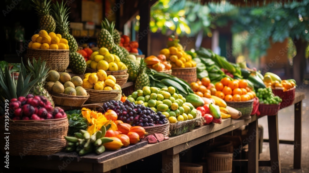 Colorful assortment of fresh fruits and vegetables displayed on a rustic table