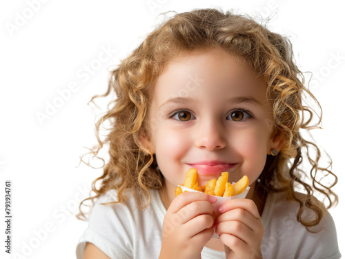 little girl eating a french fries isolated on a transparent background. PNG 