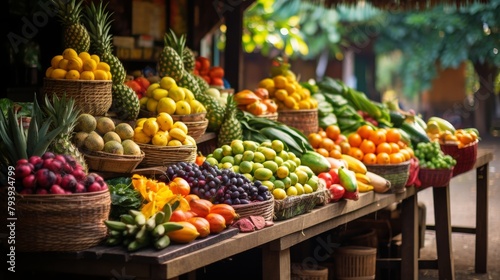 Colorful assortment of fresh fruits and vegetables displayed on a rustic table