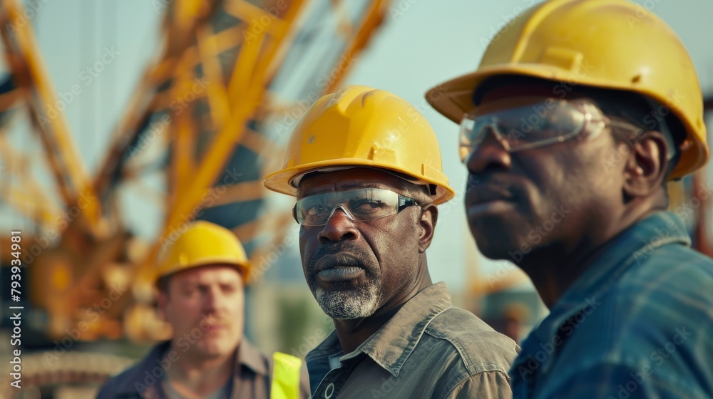 Three construction workers with a serious demeanor oversee a site, with a focus on leadership in industry. Three construction workers with a serious demeanor oversee a site, with a focus on leadership in industry.