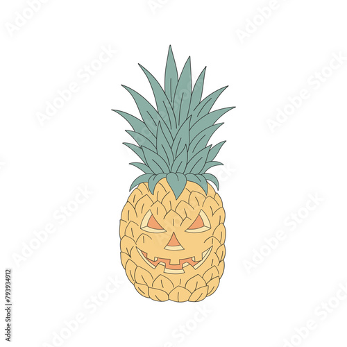 Hand drawn cartoon summer Halloween sweets and treats pineapple with scary face vector illustration isolated on white. Retro groovy line art drawing style October 31st party trick or treat event