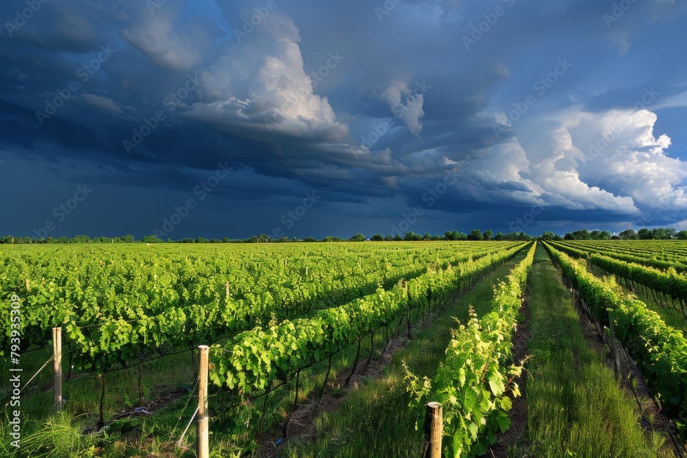 A striking image capturing the contrast between dark storm clouds and the sunlit vineyard below, showcasing nature's drama and beauty.