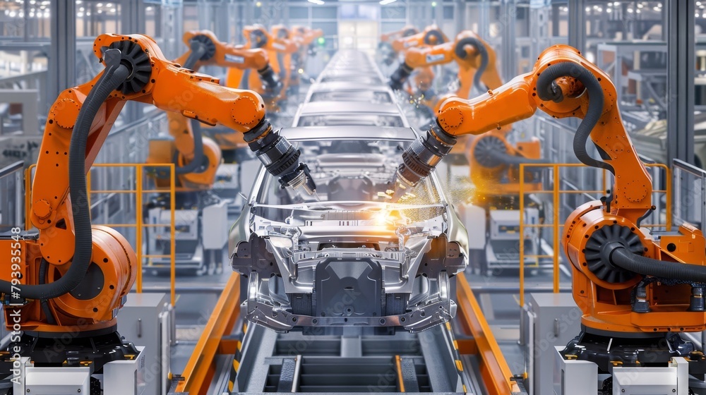 Robotic arms assembling a car on a production line in an industrial setting, depicting advanced manufacturing technology. Created with Generative AI.