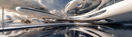 The image is of a futuristic city with white, organic-looking buildings and a large reflecting pool in front of them. The sky is cloudy and there are palm trees in the background.