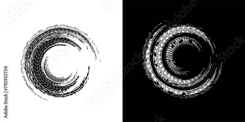 Auto tire tread grunge element. Car and motorbike tire patterns, wheel tread marks. Black tire print