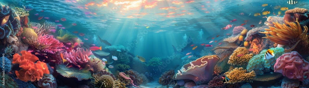 Underwater coral reef with many kinds of fish