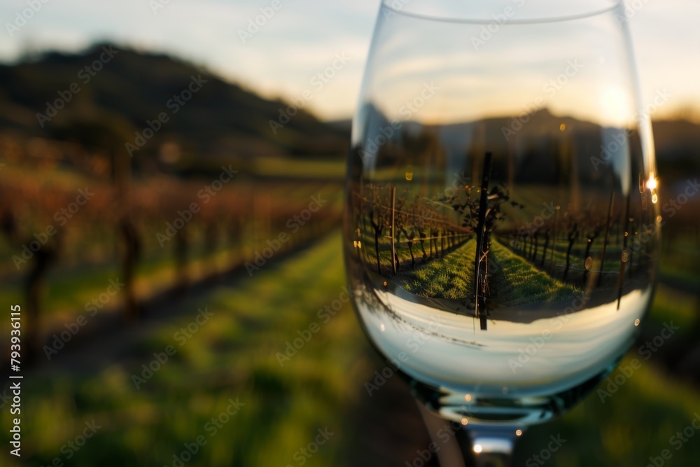 Obraz premium Stunning sunset captured through the curve of a wine glass, highlighting the lush vineyard in the background with a serene, golden light.