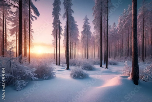 Mystical Scandinavian winter forest at sunset in Karelia. Large view image landscape with trees, blue sky with clouds, amazing view. Background of seasonal Finland winter. Copy space photo
