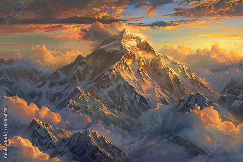Illustration of vast mountain landscape during sunset. Majestic range bathed in golden sunlight #793936149
