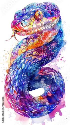 Vertical illustration of snake portrait in vivid watercolor style isolated