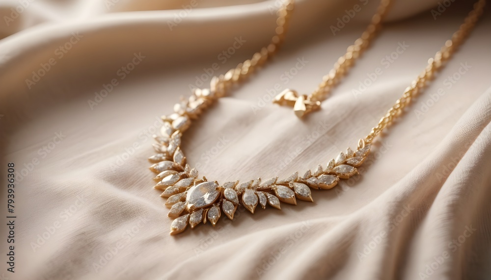 a necklace with gold and diamonds, made for Mother's Day, resting on a linen sack cloth