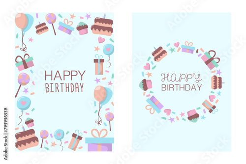 Set of two happy birthday cards with cake, balloons, muffin, lollipop, star and heart. In hand-drawn style on a light blue background. Vector isolated illustrations.