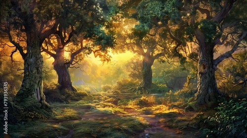 a serene forest bathed in the soft glow of twilight, where ancient trees stand tall and majestic against a backdrop of rolling hills.