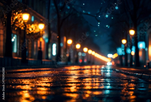 Abstract bokeh background of night street with car and street lamps. City life  defocused lights from cityscape  style color tone. Concept of abstract stylish urban backgrounds for design. Copy space