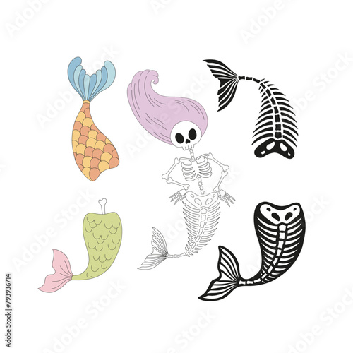 Retro groovy cartoon spooky female mermaid skeleton vector illustration set isolated on white. Hand drawn line art drawing style creepy fairy marine creature print collection. October 31st Halloween