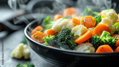 A bowl of steamed vegetables including broccoli, cauliflower and carrots.