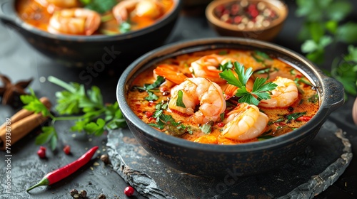 A bowl of tom yum soup with shrimp, vegetables, and spices. photo