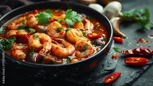 A bowl of tom yum soup with shrimp, mushrooms, and vegetables.