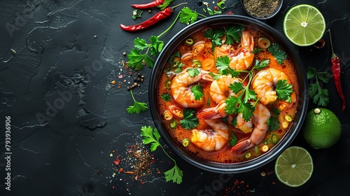 A bowl of tom yum soup with shrimp, lime wedges, and chili peppers on a black table.