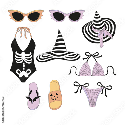 Retro groovy Halloween party on the beach female costume swimsuit and accessories vector illustration set isolated on white. Hand drawn line art drawing style woman swimming bikini sunglasses hat flip