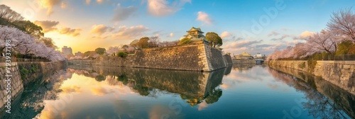 Panoramic view of the historic Osaka Castle surrounded by cherry blossoms in bloom, reflecting Japanese culture and spring season