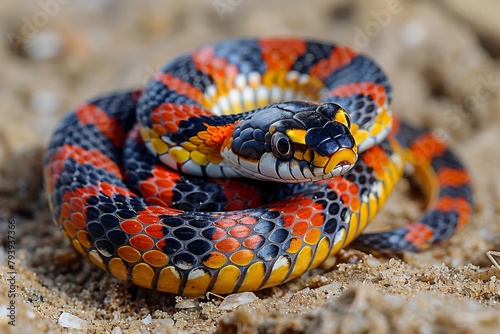 Eastern Coral Snake: Slithering across sand with bright red, black, and yellow bands, emphasizing warning colors