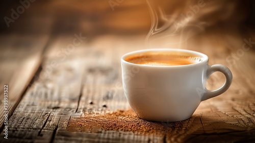 A cup of coffee on a wooden table.