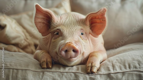 A cute piglet is lying on a couch and looking at the camera.