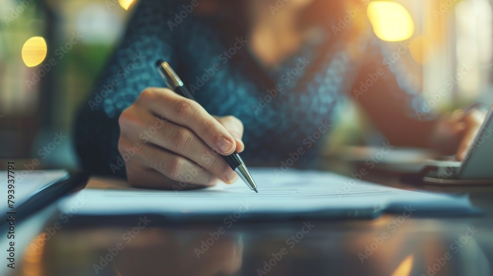 Focused image of a person writing on a notepad with a pen, against a warm, blurred light background.