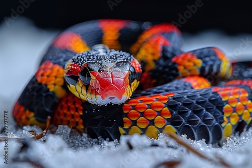 Eastern Coral Snake: Slithering across sand with bright red, black, and yellow bands, emphasizing warning colors photo