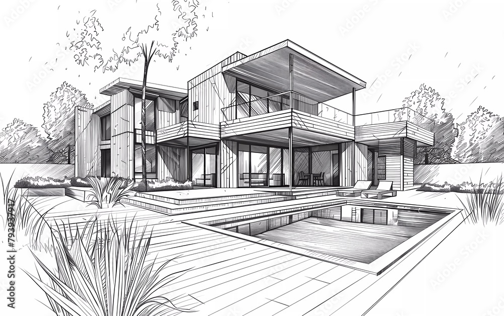 Vector black and white sketch of modern suburban wooden house with swimming pool. 