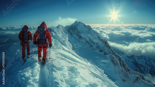 Mountaineer helps his teammate to climb the summit