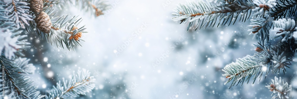 White snowflakes gently rest on the green pine branches evoking the tranquil essence of a snowy winter wonderland