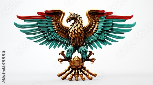 An artistically crafted eagle sculpture with vibrant turquoise and red feathers
