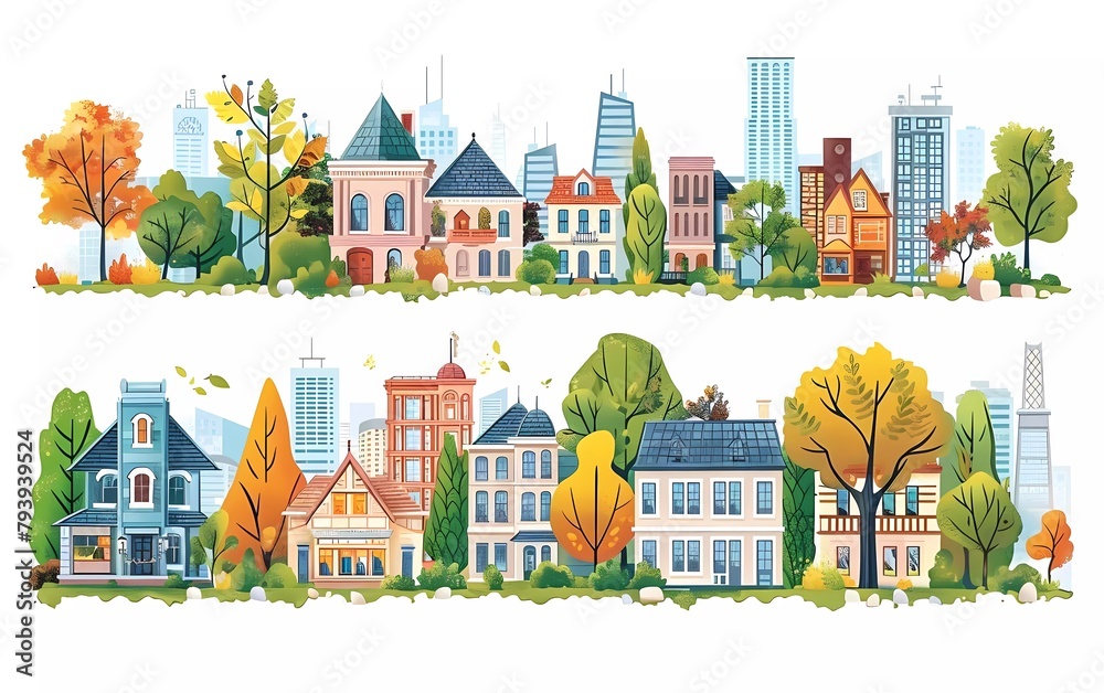 city view, houses and greenery, vector icon, row 