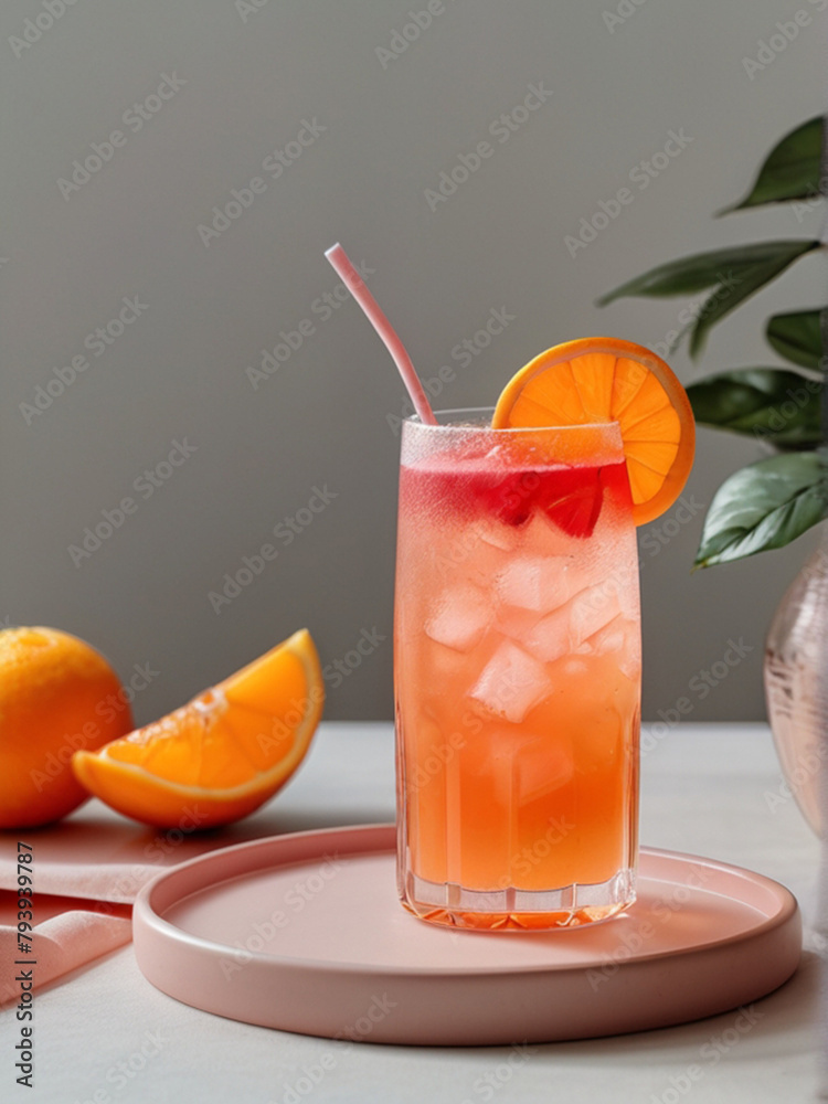 A glass full of sparkling hibiscus orange mocktail on the table, summer refreshing drink. A glass full of sparkling hibiscus orange mocktail on the table, summer refreshing drink.