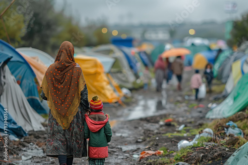 A woman and child refugees or migrants, are walking through a muddy field. The ground is wet and messy, illustrating the challenges they face during their journey