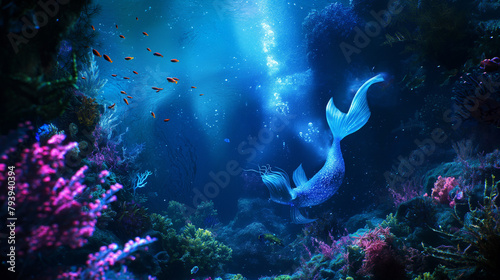 The image is of a mermaid swimming in the ocean. The mermaid has a blue tail and a human-like upper body. She is surrounded by colorful fish and coral reefs. The water is a deep blue color.   © muheeb