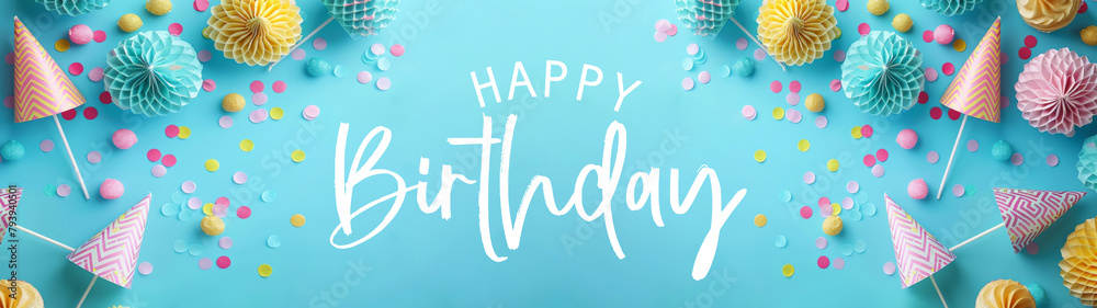 Happy Birthday celebration party background greeting card with text - frame made of party hats and confetti on bright blue table, top view Happy Birthday celebration party background greeting card with text - frame made of party hats and confetti on bright blue table, top view