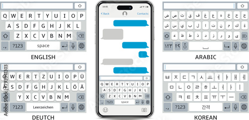Cellphone mock up virtual keyboards. English, Arabic, German, Korean keyboards set.