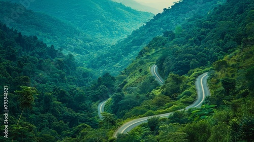 A serpentine road meanders through a verdant landscape, with the dense greenery of the forest stretching to the horizon.
