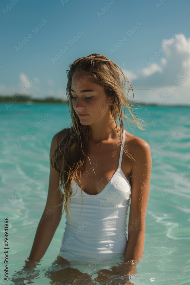 a girl stands in shallow water in the sea. turquoise sea. tanned girl. she is wearing a white swimsuit. small drops of water flow down her arms, legs, stomach. girl lauging a girl stands in shallow water in the sea. turquoise sea. tanned girl. she is wearing a white swimsuit. small drops of water flow down her arms, legs, stomach. girl lauging