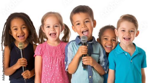 Group of children holding microphones and singing karaoke isolated on white background photo