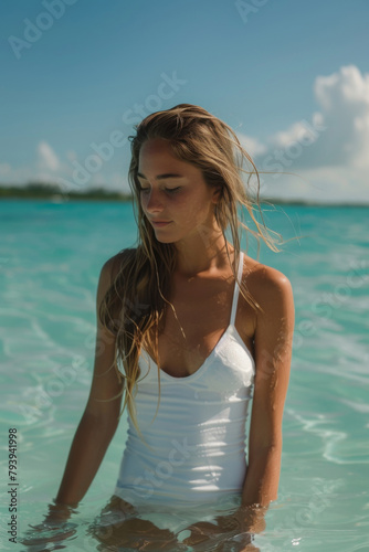 a girl stands in shallow water in the sea. turquoise sea. tanned girl. she is wearing a white swimsuit. small drops of water flow down her arms, legs, stomach. girl lauging